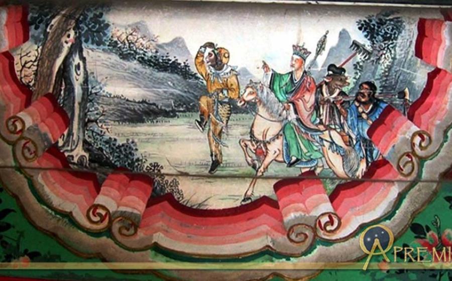 A painting depicting a scene from the Chinese classic, Journey to the West. The painting shows the four heros of the story, left to right: Sun Wukong, Xuanzang, Zhu Wuneng, and Sha Wujing. 