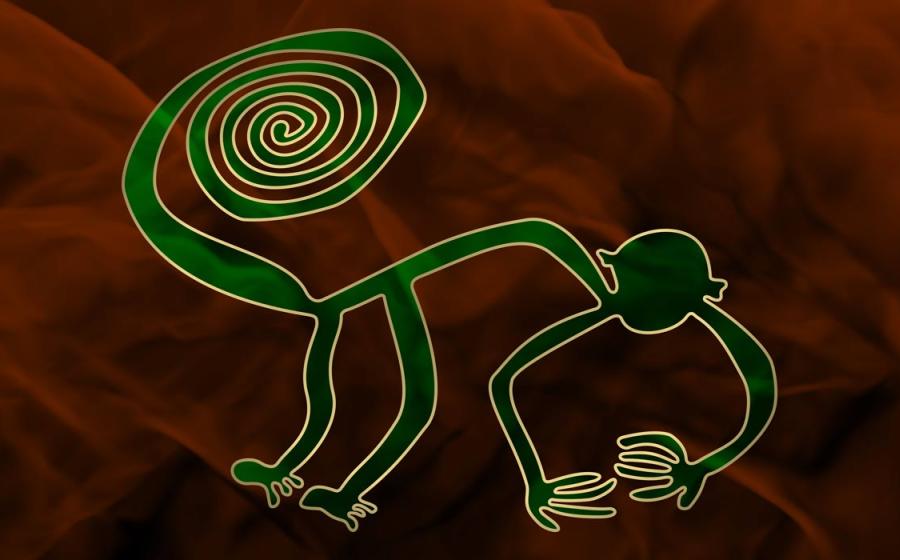 Representation of the monkey geoglyph, Nazca lines, Peru.