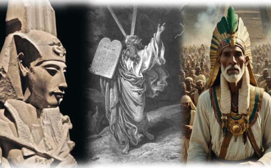 Montage (by author) of Akhenaten, Moses, and the Feathered Serpent, first priest-king of ancient Mexico.