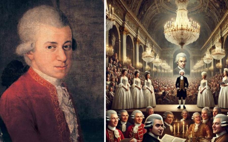 Left; Detail of Wolfgang Amadeus Mozart from Mozart family portrait by Croce. Right; and AI representation of the scene in Vienna.	Source: Public Domain