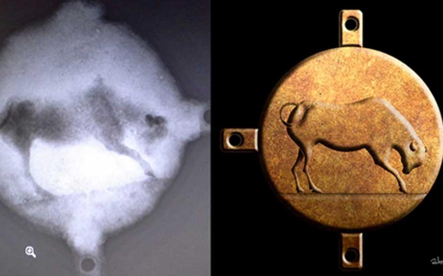 The X-rays of the bronze disc, and artist's reconstruction of the bull. (Image: Left EUA, Right Alexander Tourtas.