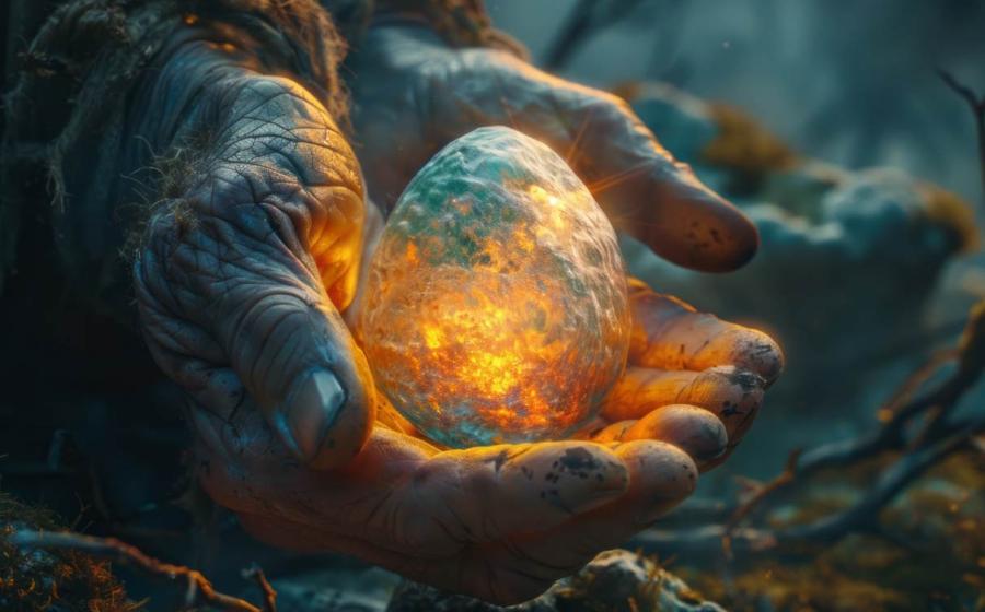 The cosmic egg in the hands of a giant deity