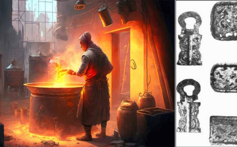 Left, ancient alchemy painting. Right, The artifact known as the ‘Nanjing Belt’ seems to be proof of the existence of aluminum in early China. Source: Left; primopiano/Adobe Stock Right; Soul-guidance