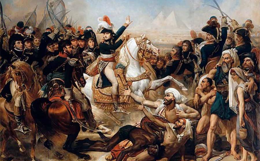 Napoleon at the Battle of the Pyramids, 21 July 1798, oil on canvas, 1810. By Antoine-Jean Gros; design by Anand Balaji.	Source: Public Domain	
