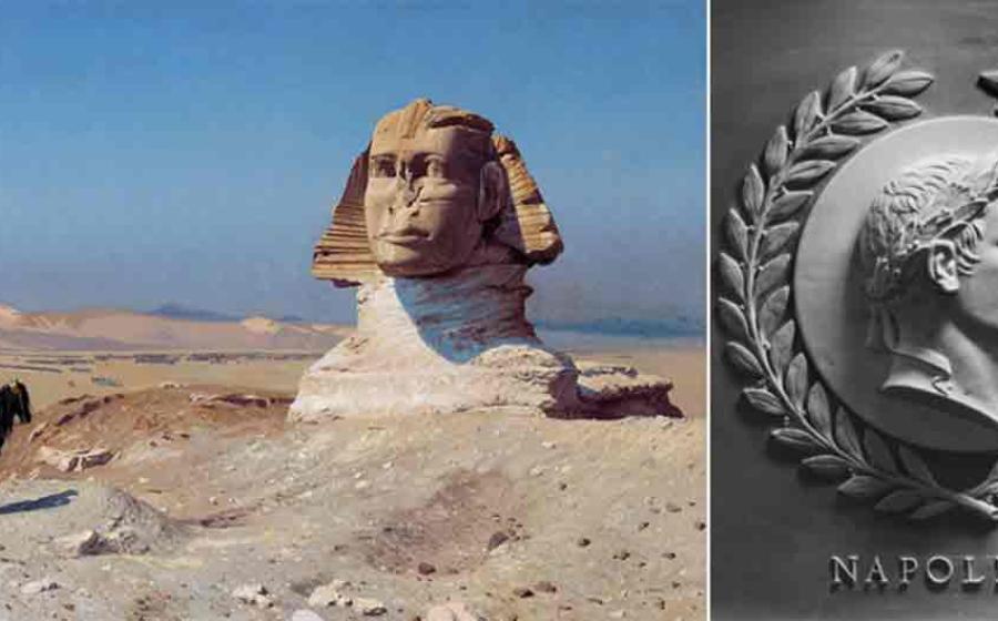 Left; Napoleon Bonaparte Before the Sphinx, by Jean-Léon Gérôme. Right; Bas-relief of Napoleon Bonaparte Emperor of France in the chamber of the United States House of Representatives. Source: Left; Public domain, Right; Public domain