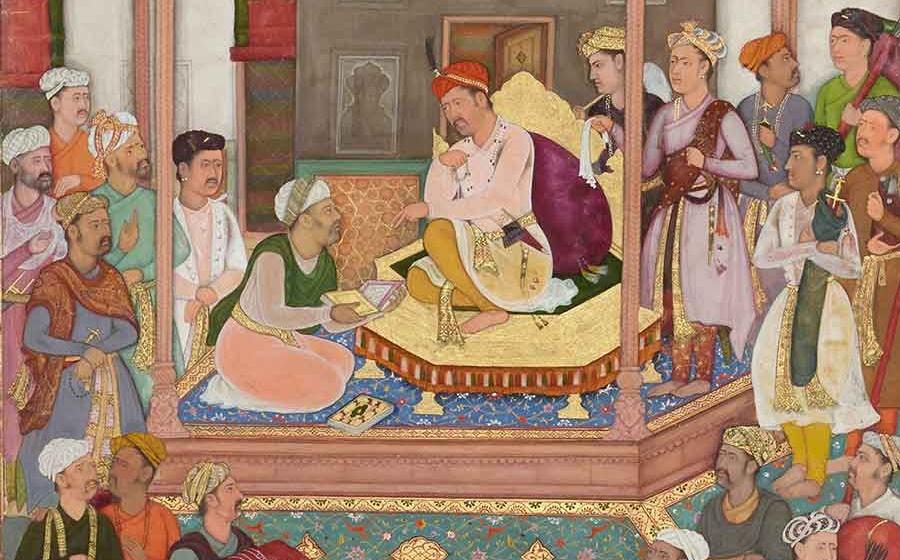 Abu'l-Fazl ibn Mubarak, one of the Navratnas, presenting Emperor Akbar with the Akbarnama. Source: Public domain