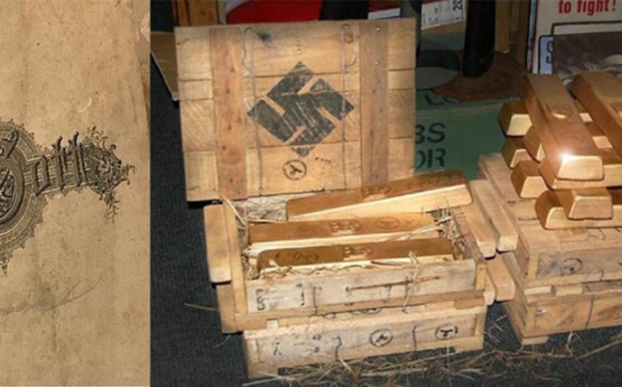 Part of the alleged SS officer’s diary (WhatsNews2Day) and representation of Nazi gold. (YouTube Screenshot)