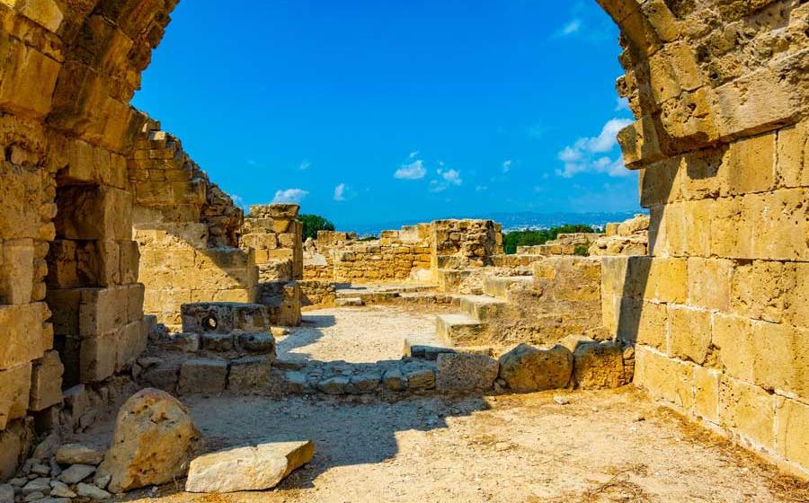 The ruins of the Forty Columns Fortress in the Paphos Archaeological Park, Cyprus, not far from where the carved bedrock banquet area and ancient was recently unearthed on Fabrica Hill. 
