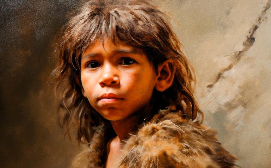 Illustrative close up portrait of a Neanderthal child. Source: robert/Adobe Stock