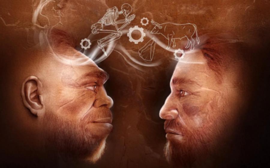 Image representing Neanderthal and Homo sapiens males sharing thoughts.