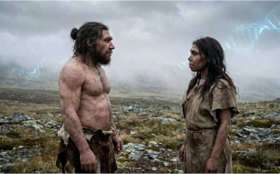 A Neanderthal man meeting a homo sapiens woman. 