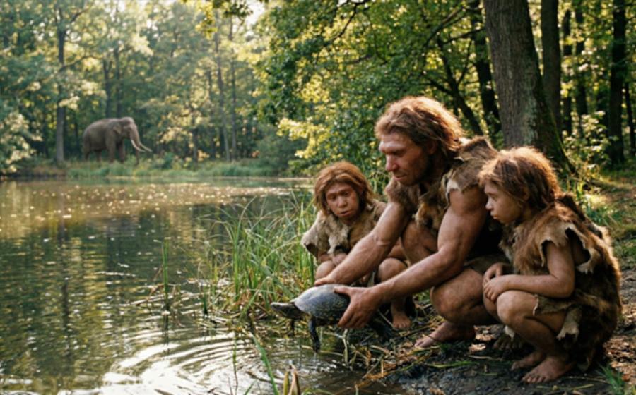 Representation of Neanderthal man and children at a pond hunting turtles. 