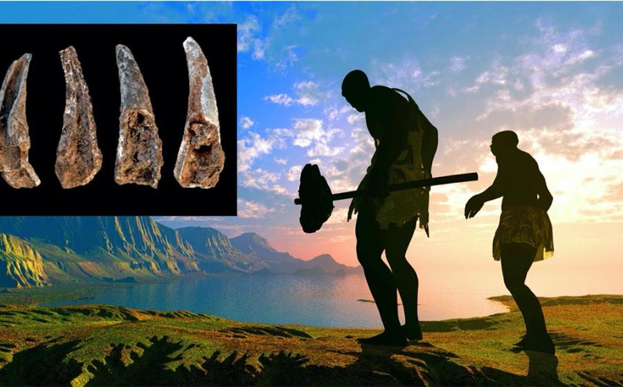 Main: Representation of Neanderthals going fishing. (Kovalenko I / Adobe stock).       Inset: Cracked-open and burnt fragments of pincers of the edible crab (cancer pagurus) found at the Figueira Brava cave, showing evidence of the Neanderthals’ seafood diet. (João Zilhão / University of Barcelona)