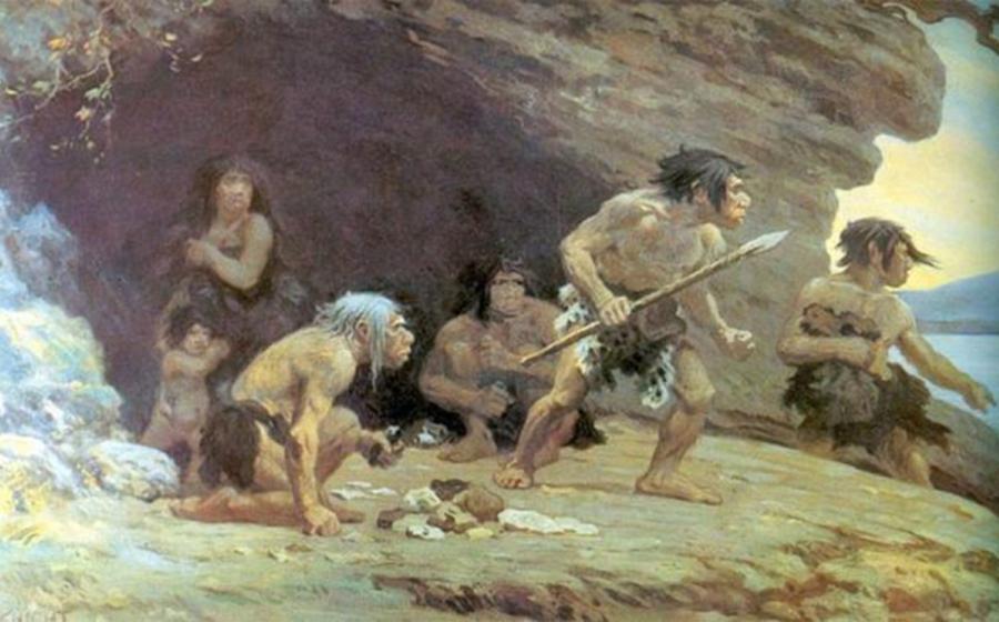 Portrayal of Neanderthal Flintworkers, Le Moustier Cavern, Dordogne