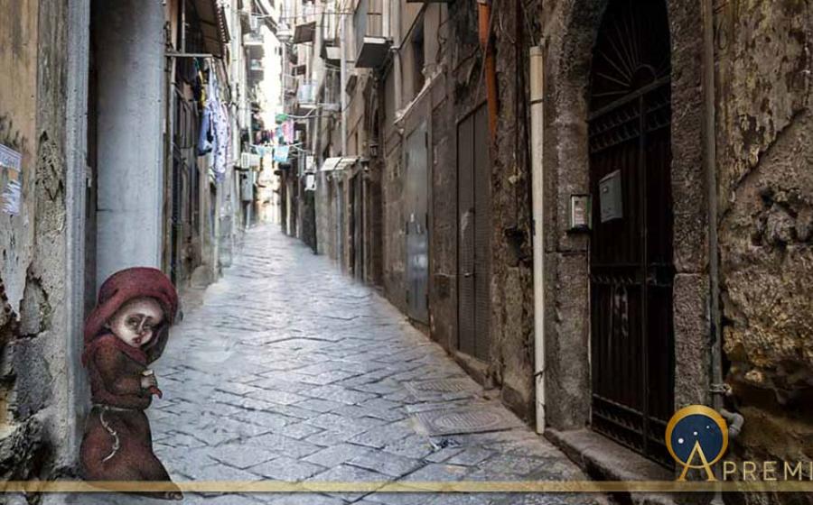 Scenic view of typical narrow alleyway lined laundry lines in the Medieval Centro Storico of Naples ( lazyllama/ Adobe Stock) and Munaciello according to popular imagery ( Lady of a times /CC BY-SA 4.0)