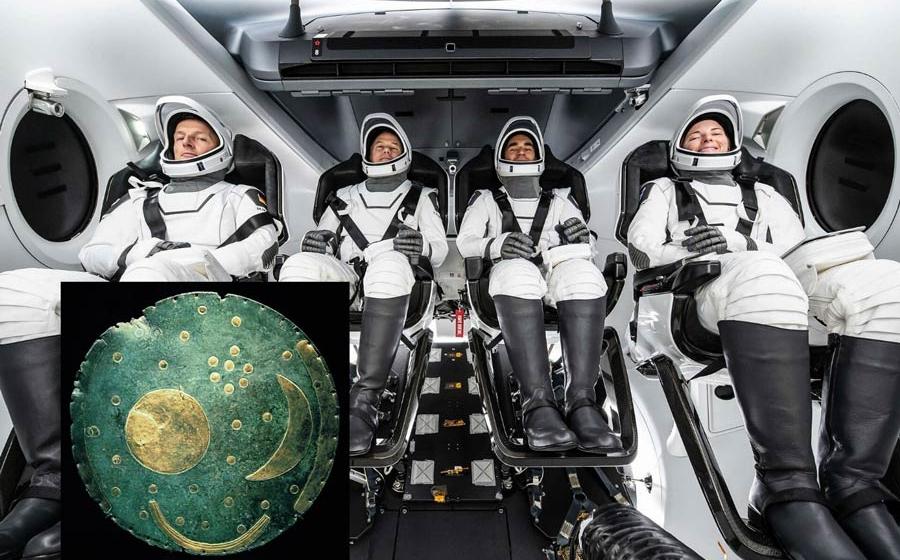 The astronauts in the Nebra Sky disk spaceflight, which is also known as the Cosmic Kiss mission, with German astronaut Matthias Maurer on the far left.		Source: Dbachmann / CC BY-SA 3.0 / ESA