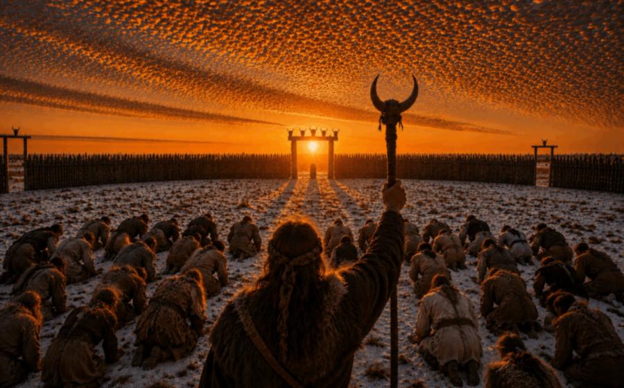AI generated representation of a ceremony at the Chleby Neolithic sanctuary