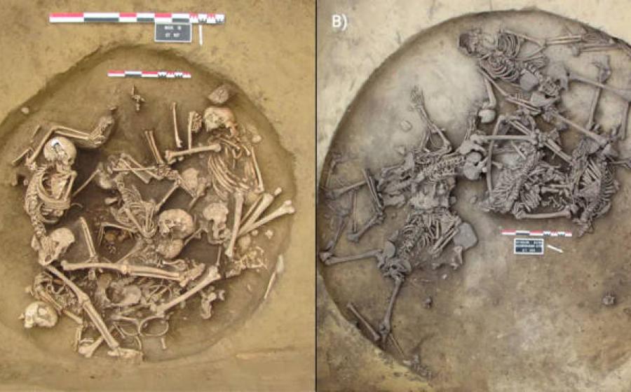 Overhead views of pits 157 (Bergheim) and 124 (Achenheim), Alsace, France, showing “violence-related human mass deposits.” 