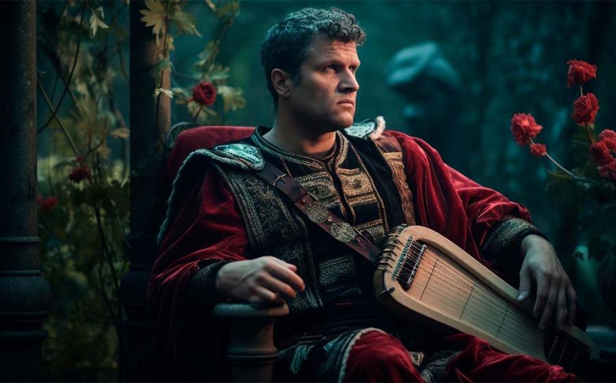 A representation of Emperor Nero, thoughtfully playing a lyre in a lavish Roman garden. Source:  EOL STUDIOS/Adobe Stock
