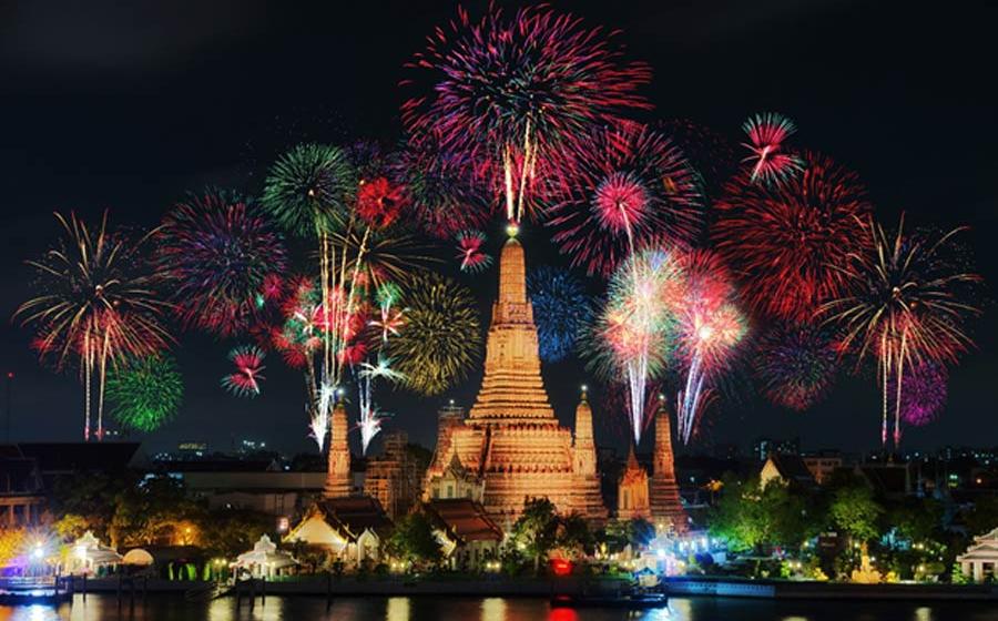 A firework show at the Temple of Dawn in Thailand