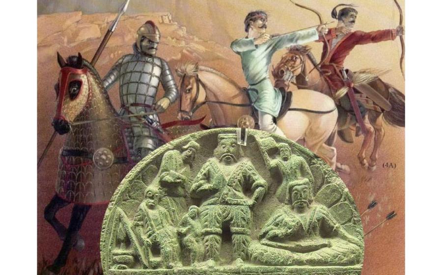 Stone palette depicting Yuezhi king and attendants 