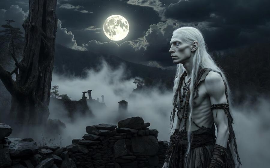 A hauntingly beautiful AI-generated image in landscape format: Under a luminous full moon, a pale-skinned albino Native American with long white hair stands guard among ancient stone ruins in the misty Appalachian Mountains.