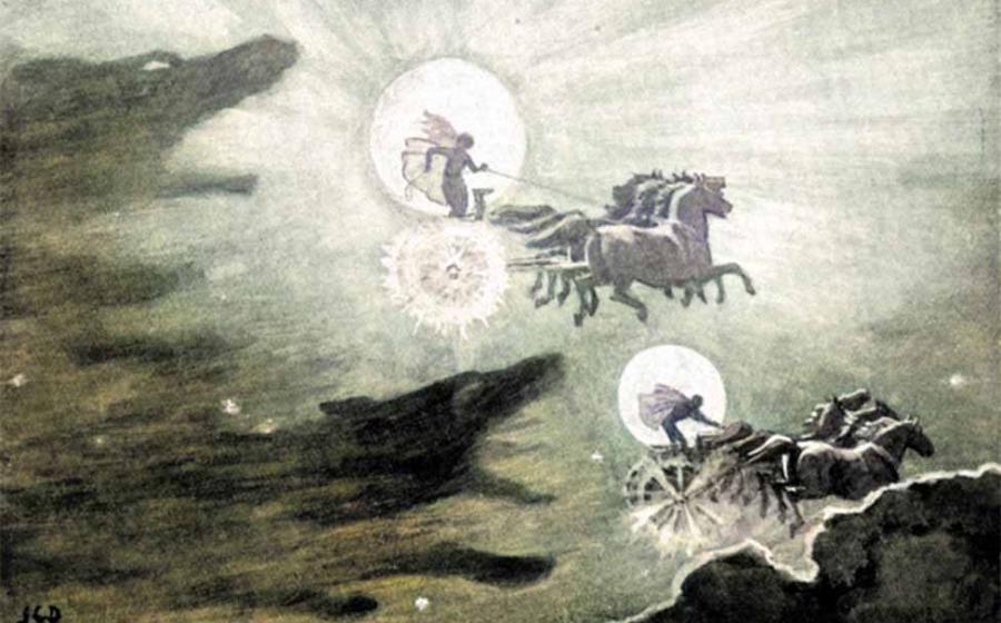 The Wolves Pursuing Norse sun and moon gods Sol and Mani            Source: John Charles Dollman, 1909, Public Domain, colorized