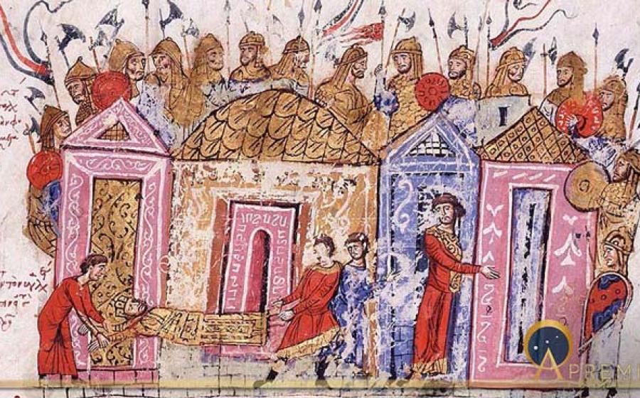 The body of Leo V is dragged to the Hippodrome through the Skyla Gate. Varangian Guardsmen, an illumination from the Skylitzes Chronicle; many if not most members of the Varangian guard were English after the 11th century (Public Domain)