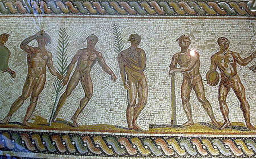 Mosaic floor depicting various athletes wearing wreaths. From the Museum of Olympics.  