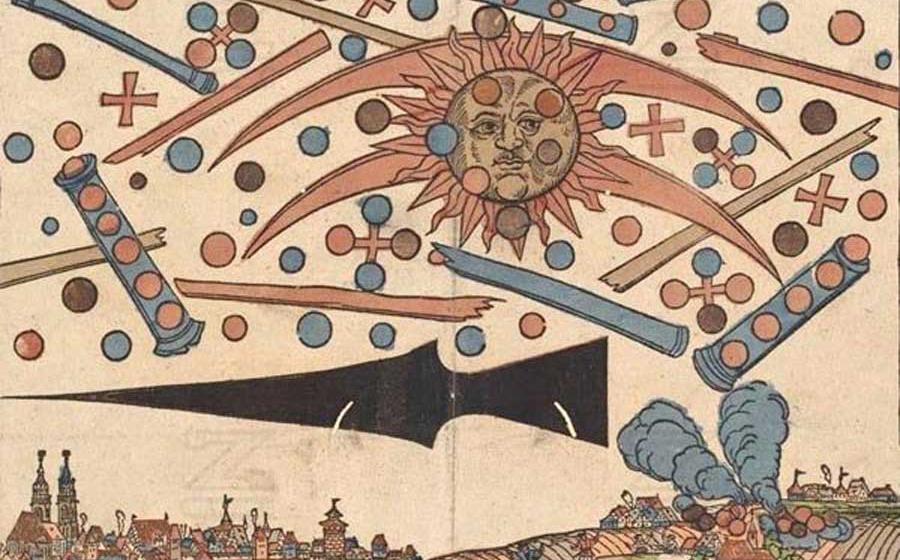 The celestial phenomenon over the German city of Nuremberg on April 14, 1561, as printed in an illustrated news notice in the same month. Source: Public Domain
