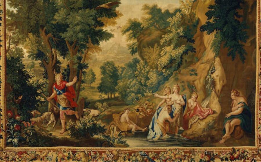 Painting, Acteon, having accidentally seen the goddess Diana and her nymphs bathing, begins to change into a stag