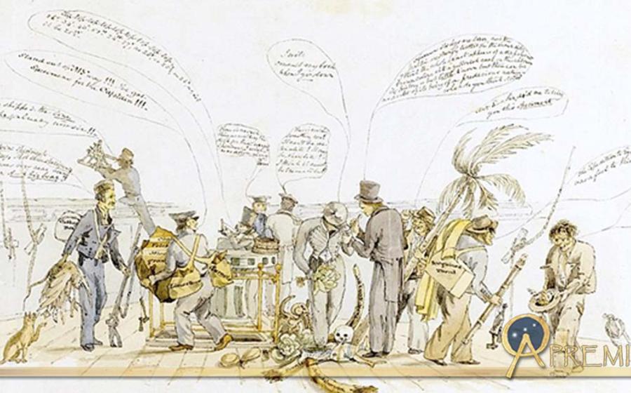 A caricature of the crew of HMS Beagle painted off the coast of Argentina (at Bahía Blanca) around 24 September 1832, presumed painted by the shipboard artist Augustus Earle. Described by Sotheby’s as "one of the earliest depictions of Darwin, the only image of him on the Beagle, and an exceptionally rare image of him at work as a naturalist". By  Augustus Earle (1793 – 1838)