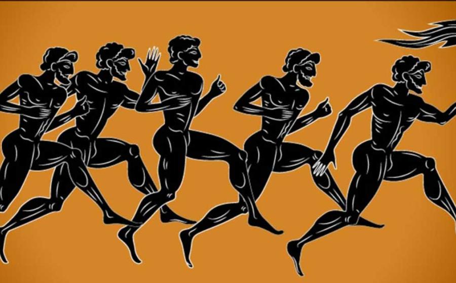 Black-figured runners with the torch. AI Illustration in the ancient Greek style.  Source: sebos / Adobe Stock    