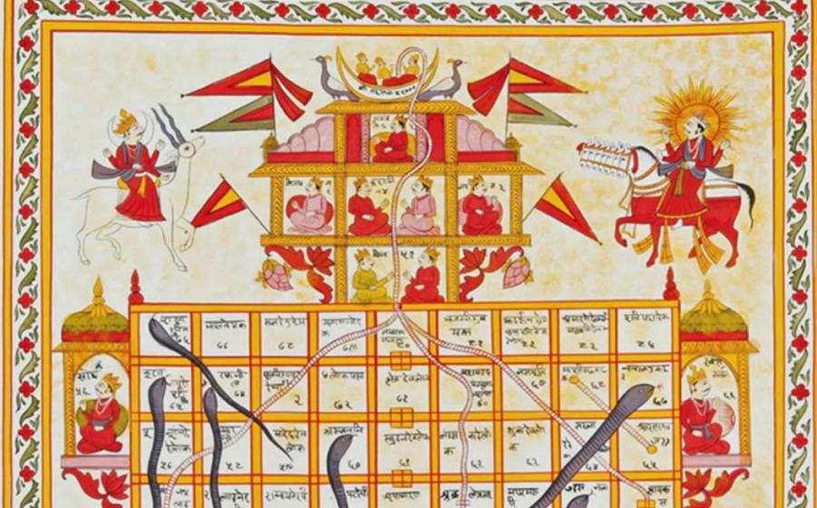 Jain version Game of Snakes & Ladders called jnana bazi or Gyan bazi, India, 19th century, Gouache on cloth.