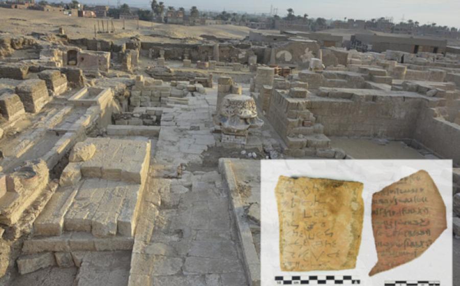 Athribis temple in Sohag, Egypt, with inset; Ostraca discovered there.