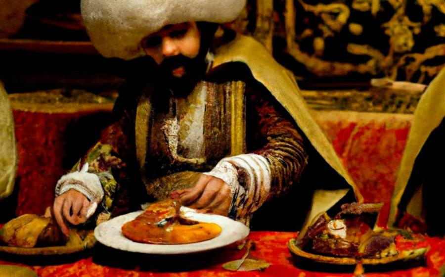 A Sultan of the Ottoman Empire having a feast. Source: AI generated.