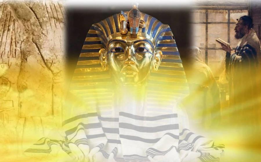 Montage showing Tutankhamun in the center, his royal nemes funerary mask grading into a similar Jewish tallit towards the bottom, with Akhenaten on the left and a Rabbi on the right, all infused with a divine light. 