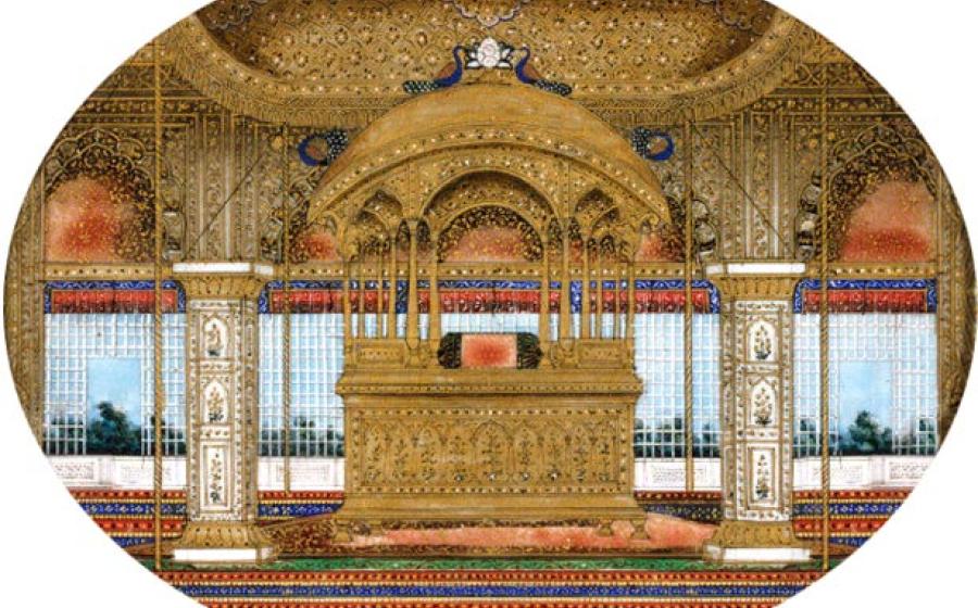 Painting of the second Peacock Throne from the Red Fort in Delhi, India. (1850) The first Peacock Throne was taken as a war trophy by the Persian King Nader Shah in 1739 and has been lost ever since. 