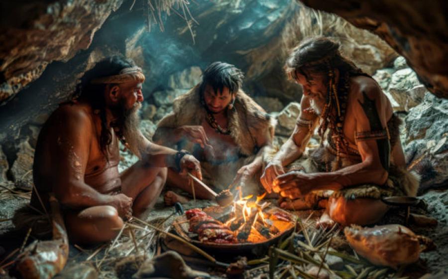 Tribe of Prehistoric people Grilling and Eating Meat of what was once claimed to be the paleolithic diet.