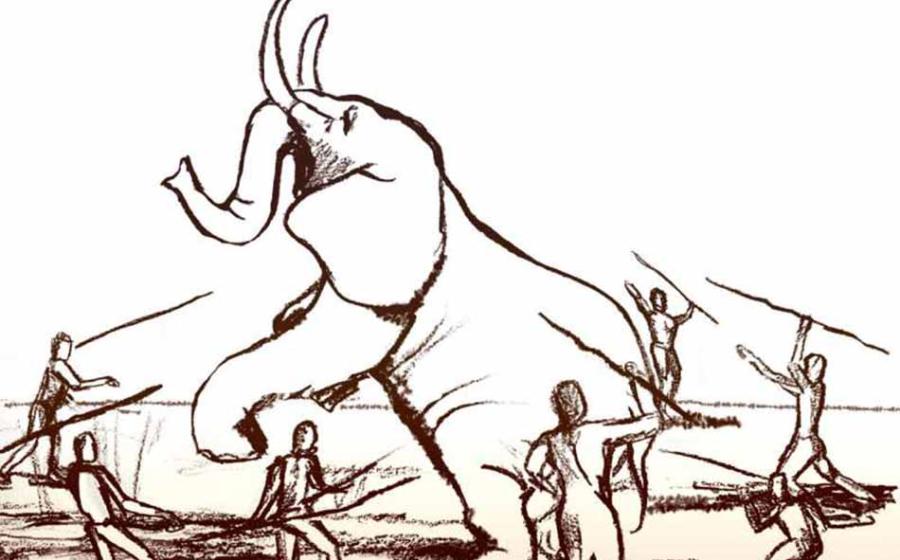 Illustration of Paleolithic elephant hunting using spears.     Source: Dana Ackerfeld/Tel Aviv University
