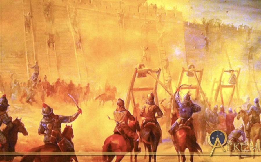 Mural of siege warfare, Genghis Khan Exhibit in San Jose, California, US 