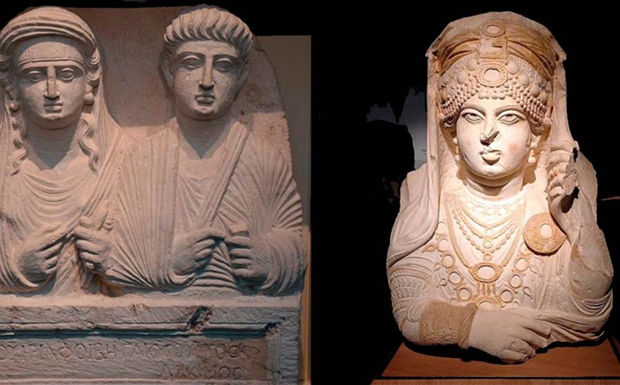 Limestone bust from a Palmyrene funerary relief; double bust of man and his wife; she is veiled with the fillet; wears drop ear-rings and two long curls of hair; holds in left hand distaff and spindle; he wears a toga and holds a strip of writing material in his right hand; inscription; 2 ll. Inscription: OYIPIA ( ) OIBH () AIOCOYIIOC () KIMOC - Viria Phoebe and Gaius Vurus. Left: Bust of a noblewoman nicknamed "Beauty of Palmyra” Copenhagen, Denmark.	Source:  Carole Raddato from FRANKFURT, Germany/CC BY-SA