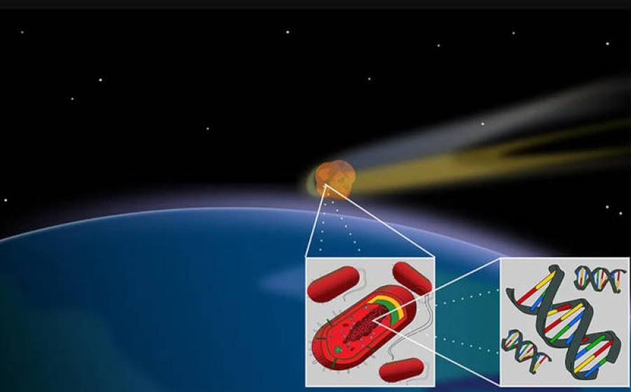 Artistic representation of cometary panspermia delivering life across the cosmos.