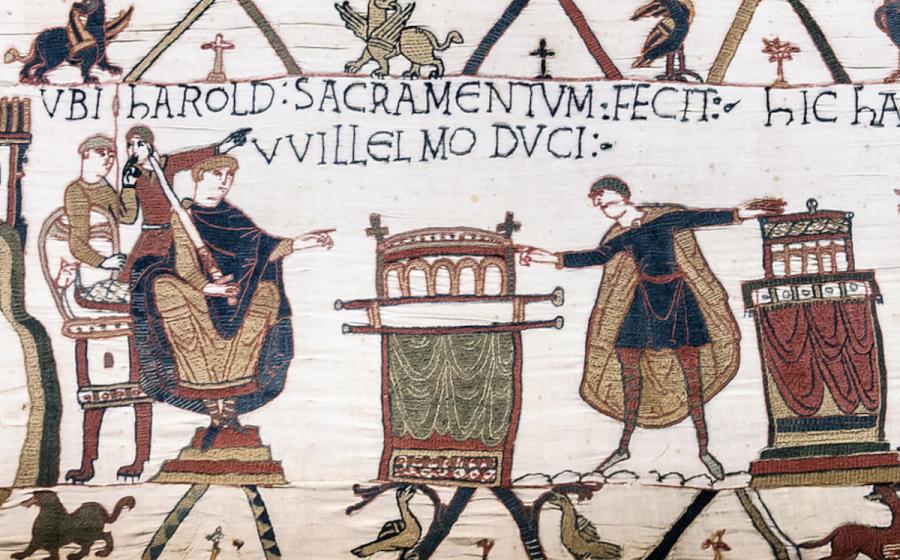 Bayeux Tapestry - Scene 23: Harold swearing oath on holy relics to William, Duke of Normandy