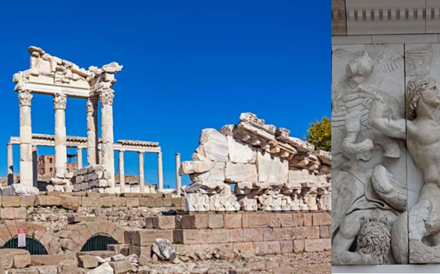 Pergamon Altar of Zeus in modern-day Turkey. Right; one of the friezes from the altar.	Source: Left; cem/Adobe Stock Right; Miguel Hermoso Cuesta/CC BY-SA 4.0