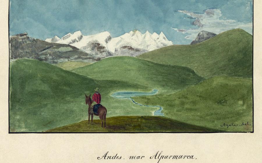 Drawing of a man on horseback, facing the Peruvian Andes.