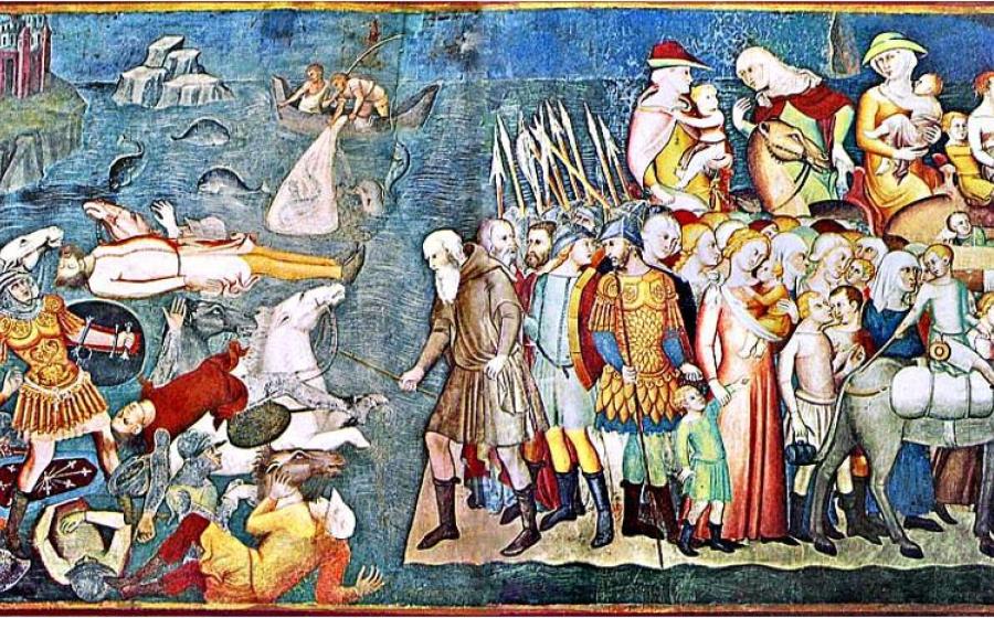 Pharaoh and his army drown trying to cross the Red Sea, as reflected in the Old Testament. Bartolo di Fredi. 