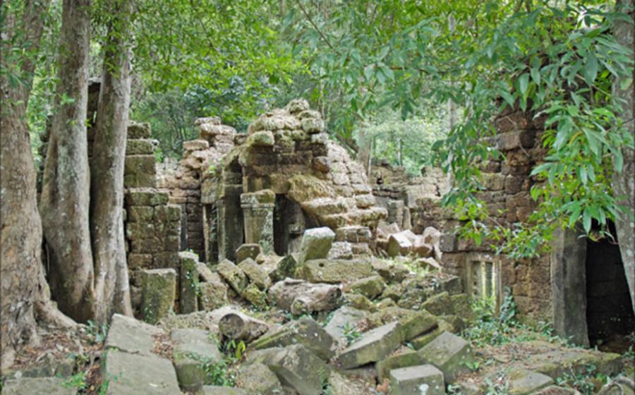 Khmer temple ruins at Phnom Kulen, a sacred mountain range in Cambodia. 