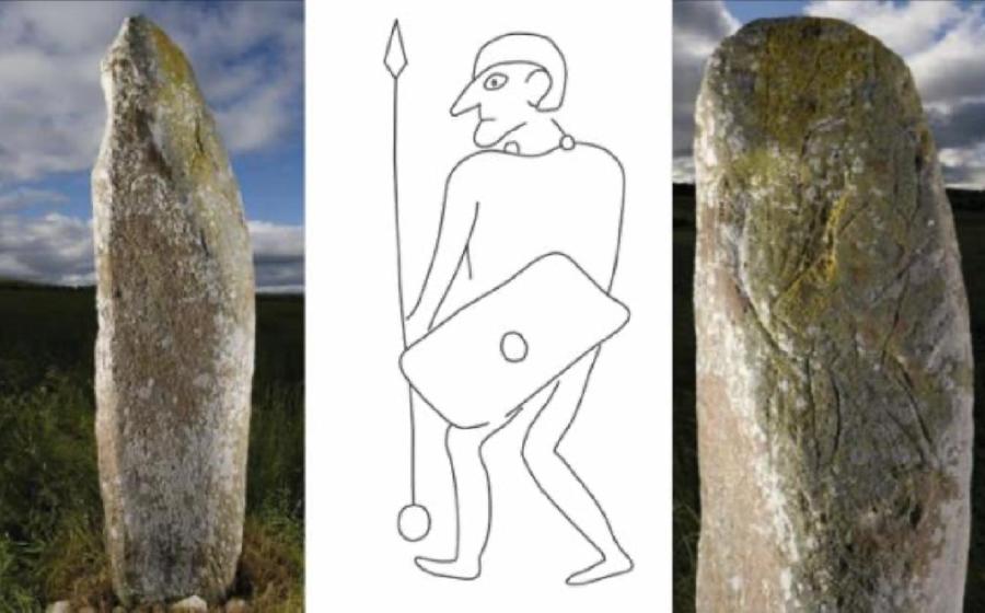 The Collessie Pictish stone and an interpretation of the warrior depicted on it. Source: Historic Environment Scotland, University of Aberdeen