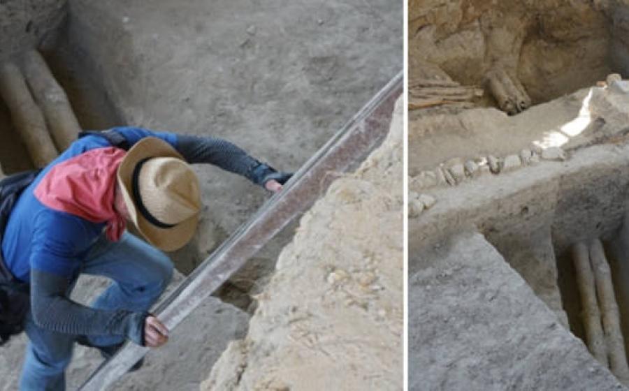 Archaeological excavation site at Mugtepa settlement showing the ancient water pipeline system and ceramic kubur pipes 